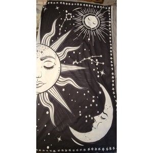 Wall Hanging Moons Stars Celestial Mystical Black White Yin Yang Zen Boho 51x58"